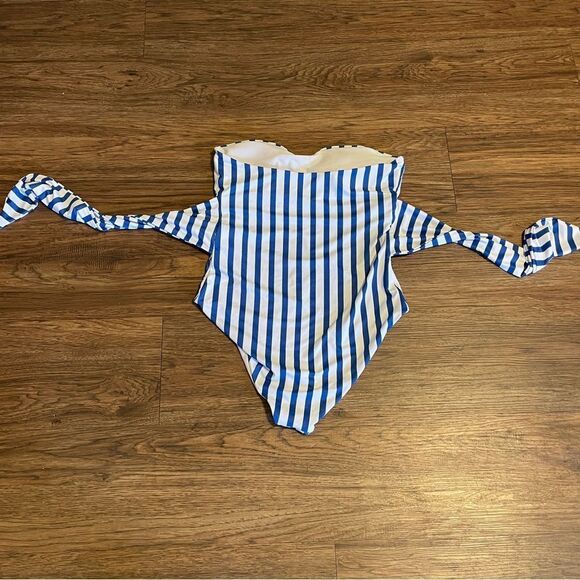 Strapless Summer Beach Striped Knot Front One Piece Swimsuit Blue White Large - Picture 5 of 10
